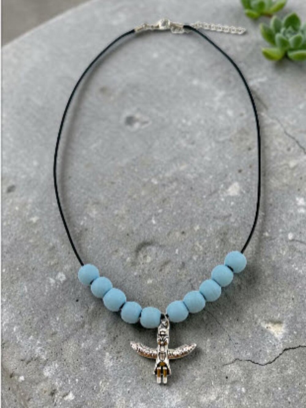 Bird Totem Necklace Aqua Blue Wood Beads Silver Tone Southwestern Boho